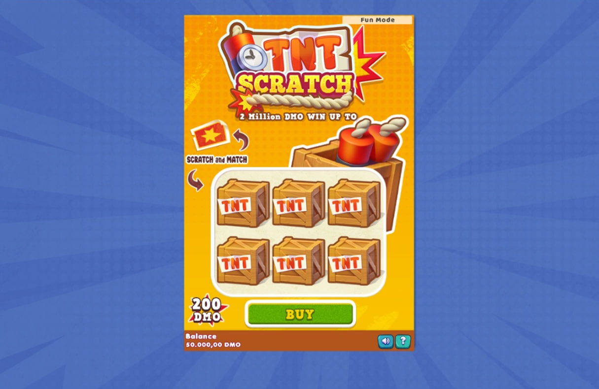 The main game screen of the TNT Scratch demo, showing 6 unrevealed TNT crates and a 200 DMO cost.
