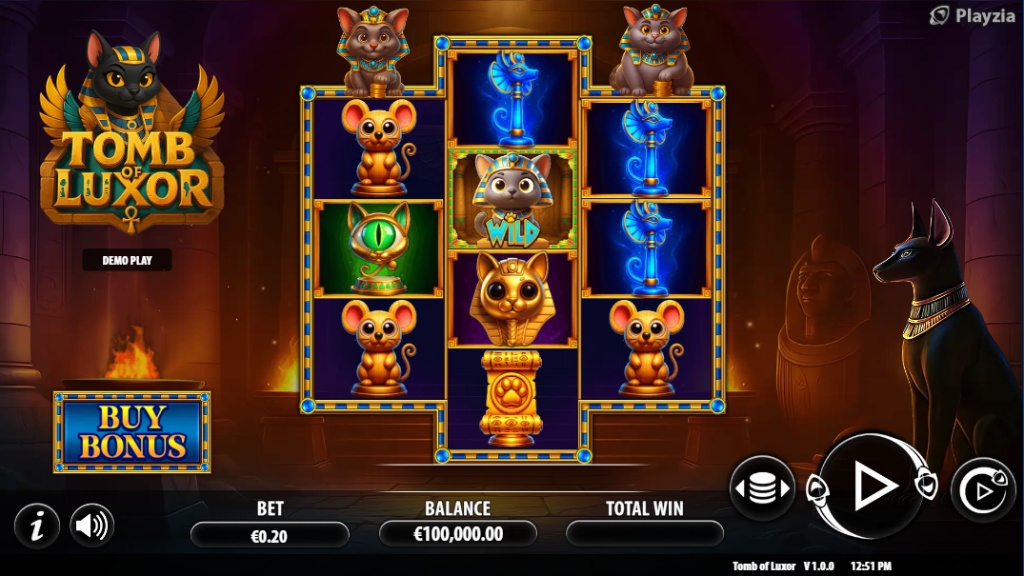 The 3x3 base game grid of Tomb of Luxor, showing the cartoon Egyptian cat and mouse symbols.
