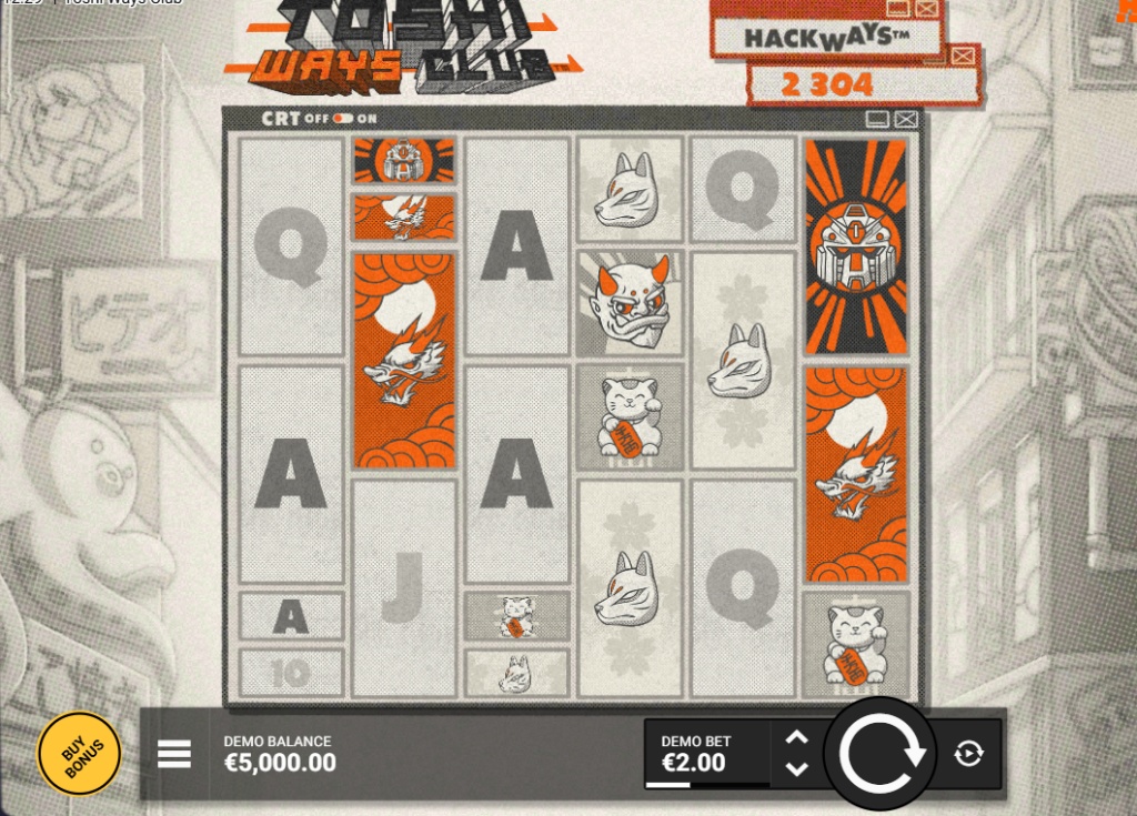 he main game grid of the Toshi Ways Club slot, showing the 6-reel layout and monochrome anime-style graphics.