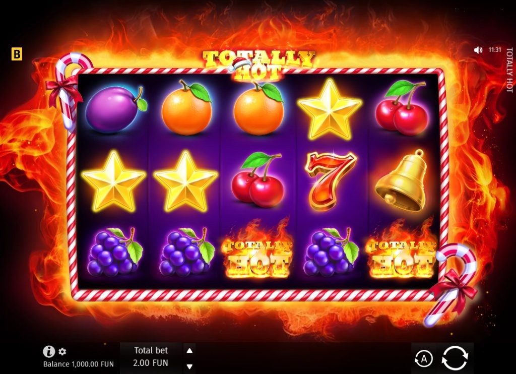 Totally Hot slot base game 5x4 grid with candy cane border and fruit symbols.