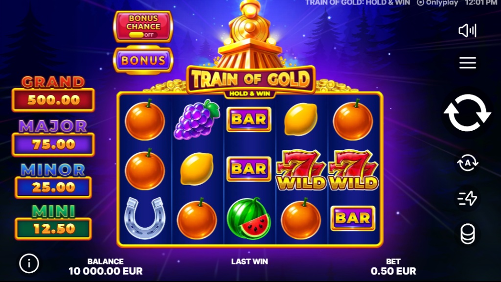 Train of Gold: Hold & Win slot base game screen showing the 5x3 reel layout, fruit symbols, and jackpot values.