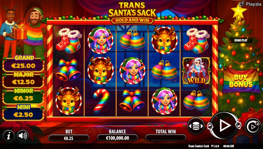 The main 5x3 reel layout of the Trans Santa's Sack slot, showing the festive symbols and game interface.