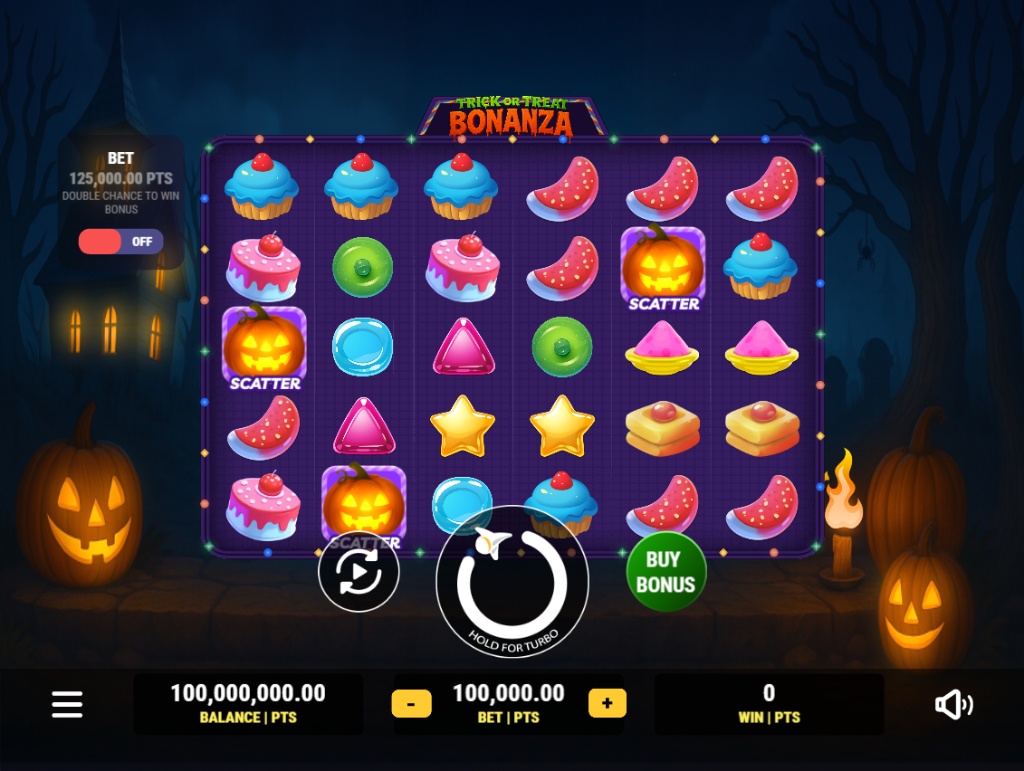 The base game grid of the Trick or Treat Bonanza slot, showing the 6x5 layout with candy and pumpkin symbols.