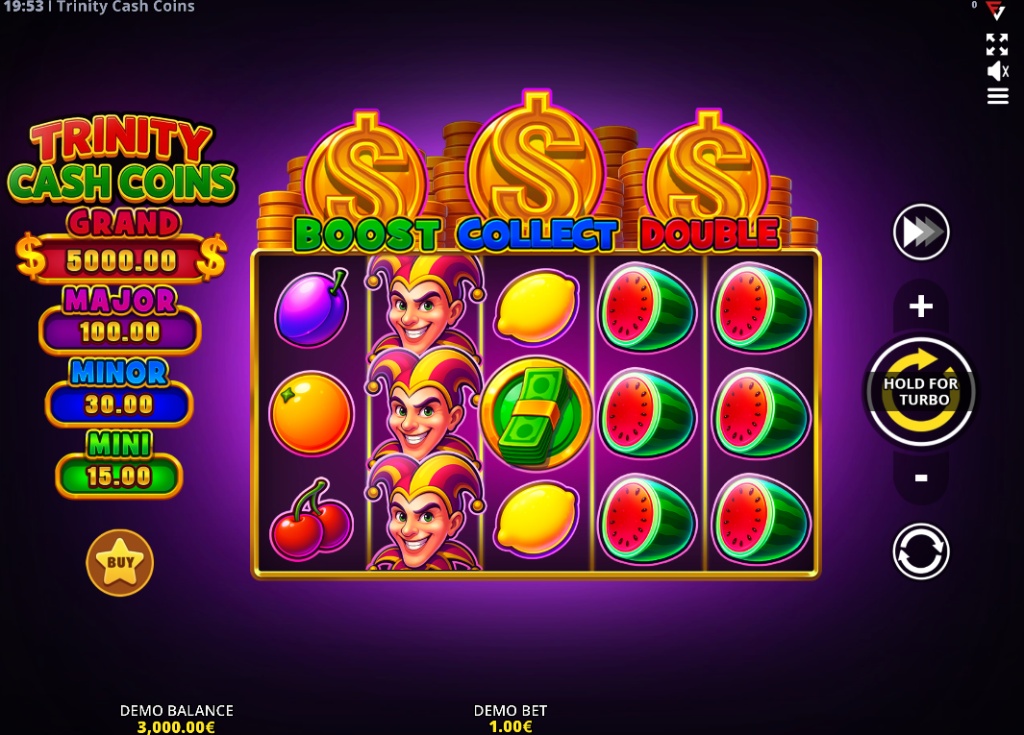 Trinity Cash Coins slot main game interface with 5 reels and Jester wilds