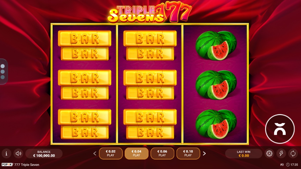 Triple Sevens slot base game interface by PopOK Gaming showing 3x5 grid and fruit symbols