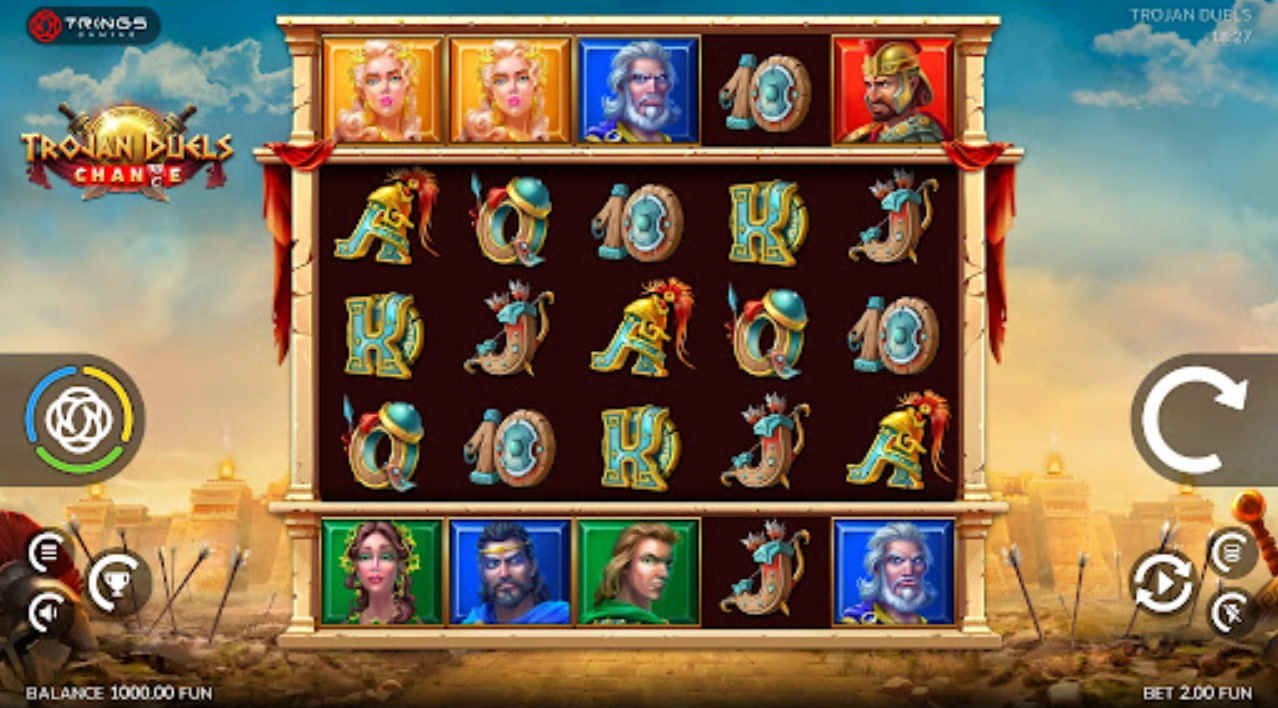 The main 5x3 game grid of the Trojan Duels slot, showing the top and bottom additional reels and character symbols.