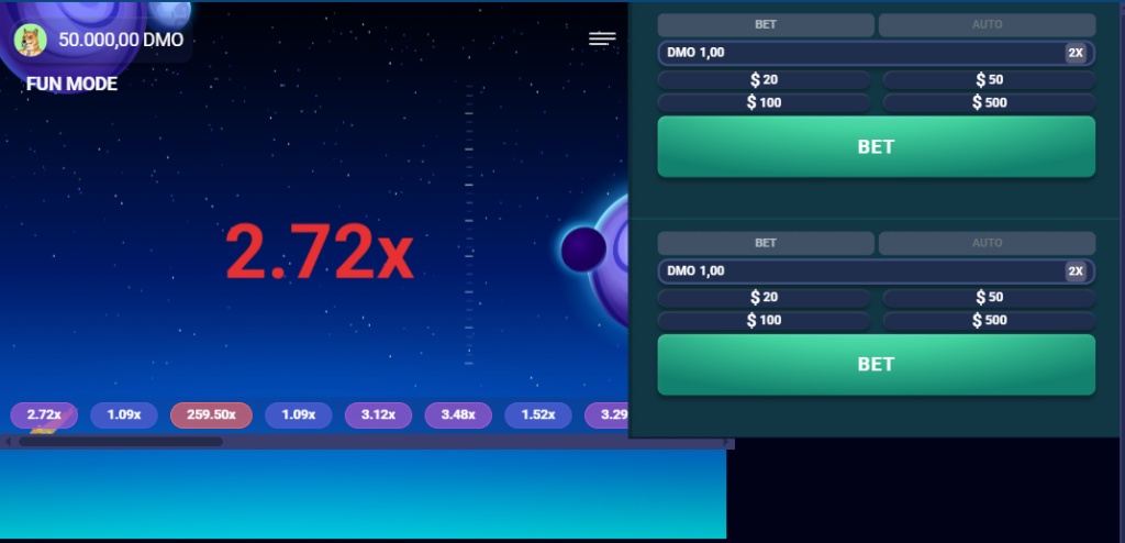 UFO Galaxy crash game main interface showing rising UFO and 50000 demo balance