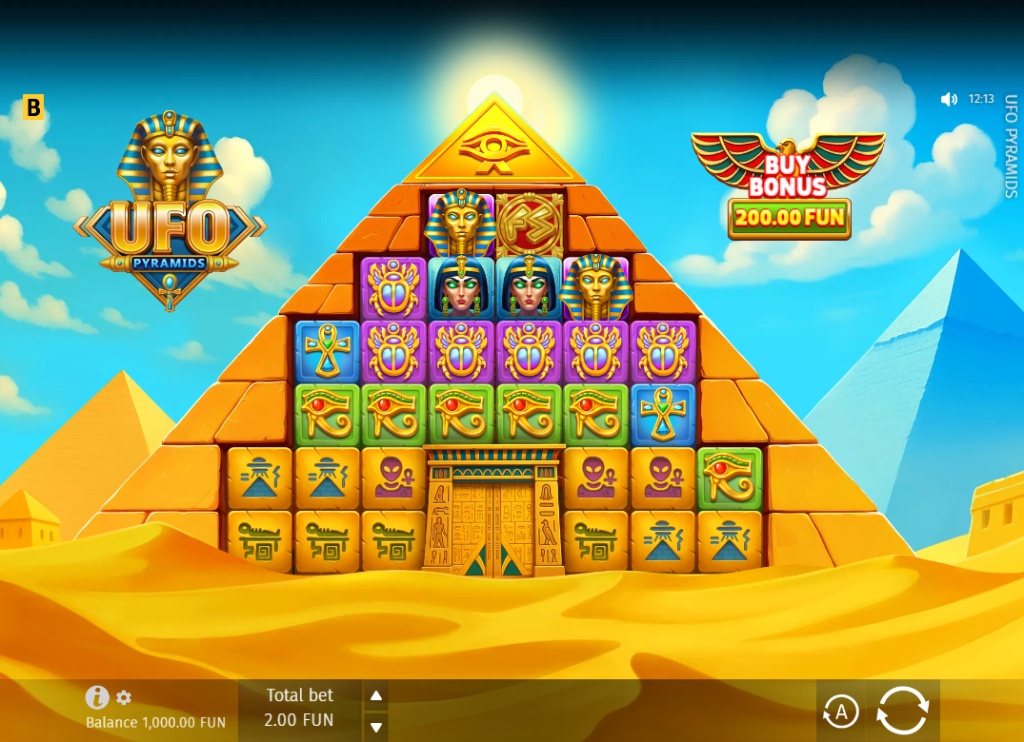 UFO Pyramids slot base game interface showing 6x5 grid with pharaohs and aliens.