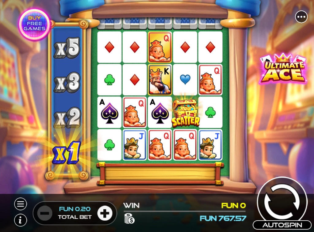 The 5x4 main game grid of the Ultimate Ace slot, showing the progressive multiplier ladder and royal card symbols.