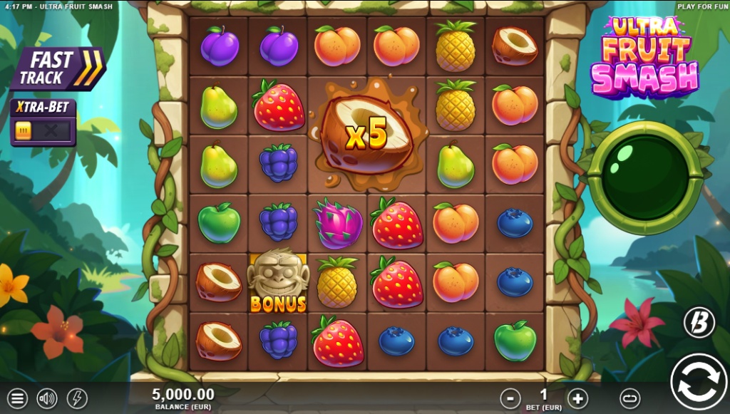 Ultra Fruit Smash slot base game grid, showing the 6x6 layout and fruit symbols.