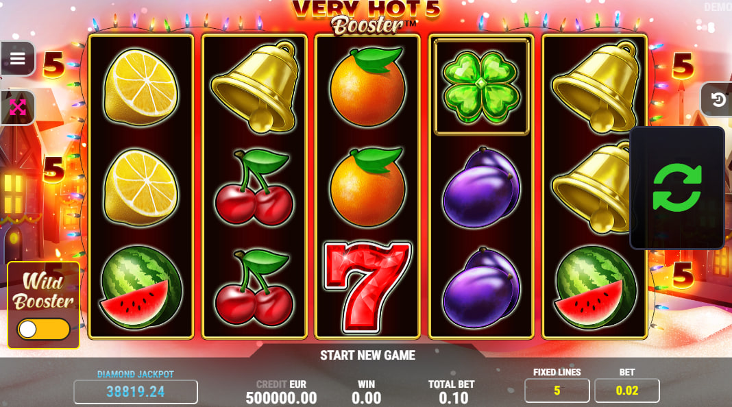The 5x3 reel layout of the Very Hot 5 Christmas Booster demo slot, showing classic fruit symbols and jackpot values.