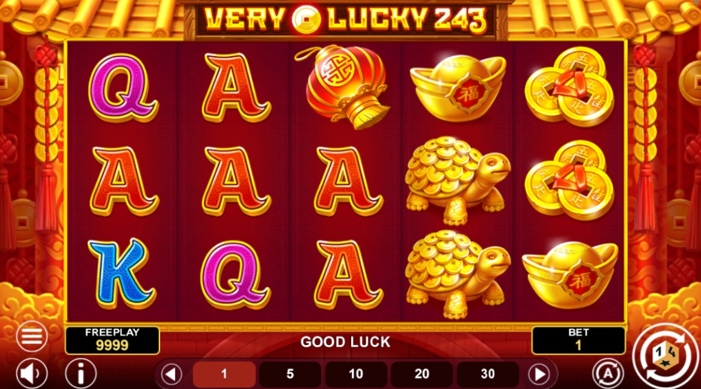 The main 5x3 game grid of the Very Lucky 243 slot, showing the Asian-themed symbols on the reels.