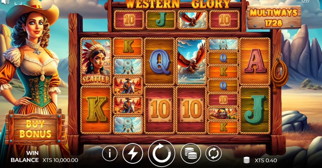 Western Glory slot base game interface showing 6 reels and canyon background.