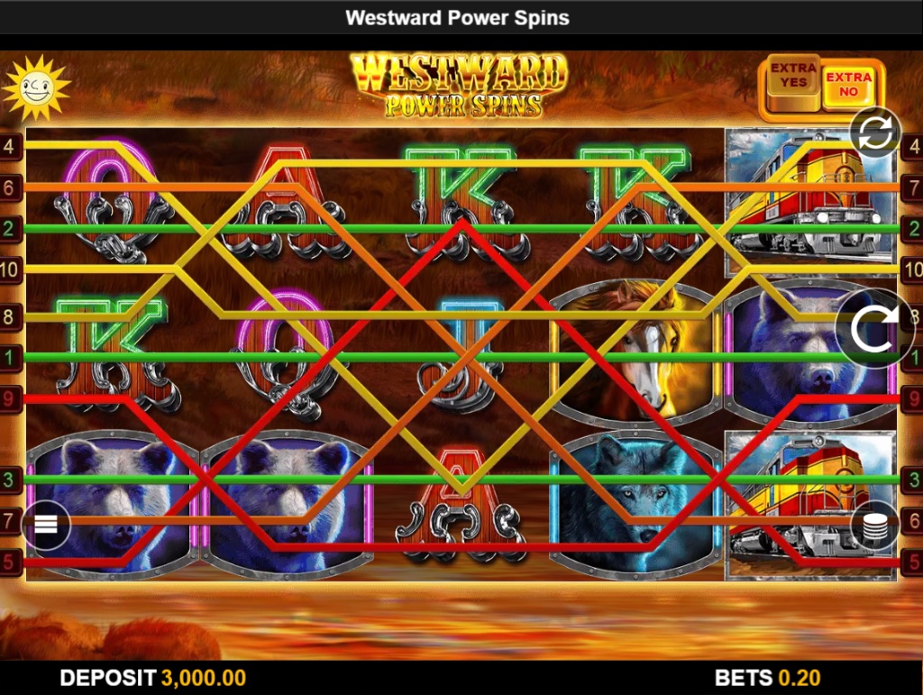The main 5x3 game grid of the Westward Power Spins slot, showing the 10 paylines and Wild West theme.