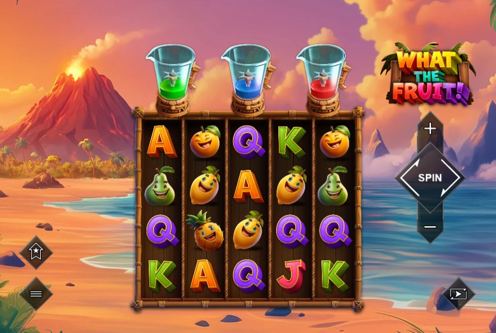 What The Fruit! slot base game view showing the 5x4 reel layout and tropical volcano theme.