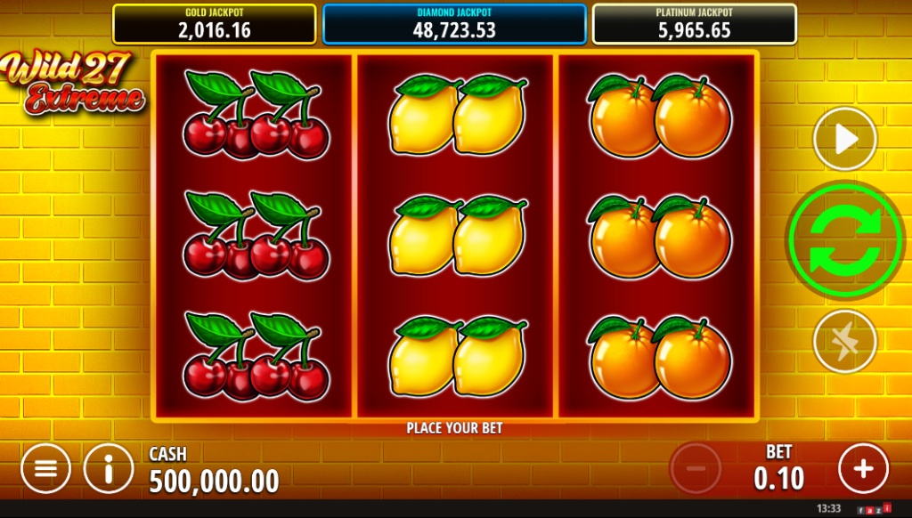 The 3x3 main game grid of the Wild 27 Extreme slot, showing classic fruit symbols and the progressive jackpot tickers.