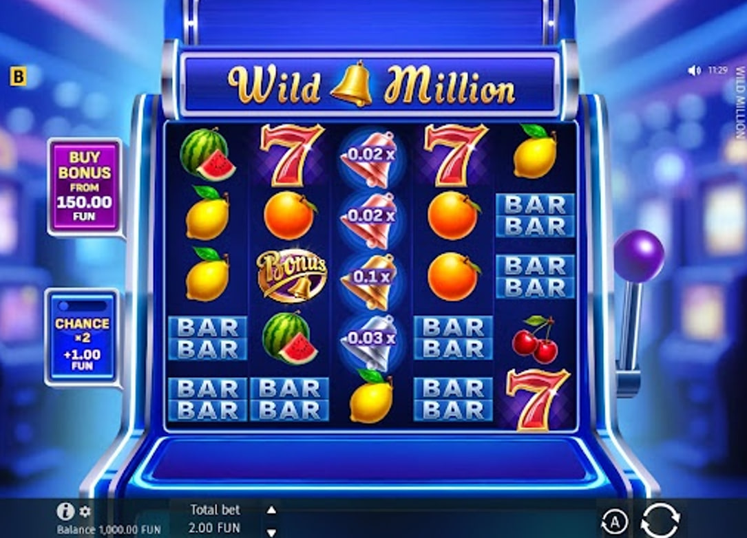 Wild Million slot base game interface showing 5 reels, 4 rows, and fruit symbols like lemons and cherries with the buy bonus button on the left.