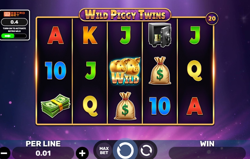Base game interface of Wild Piggy Twins slot showing 5x3 grid with money bags and safe symbols on a dark purple background.