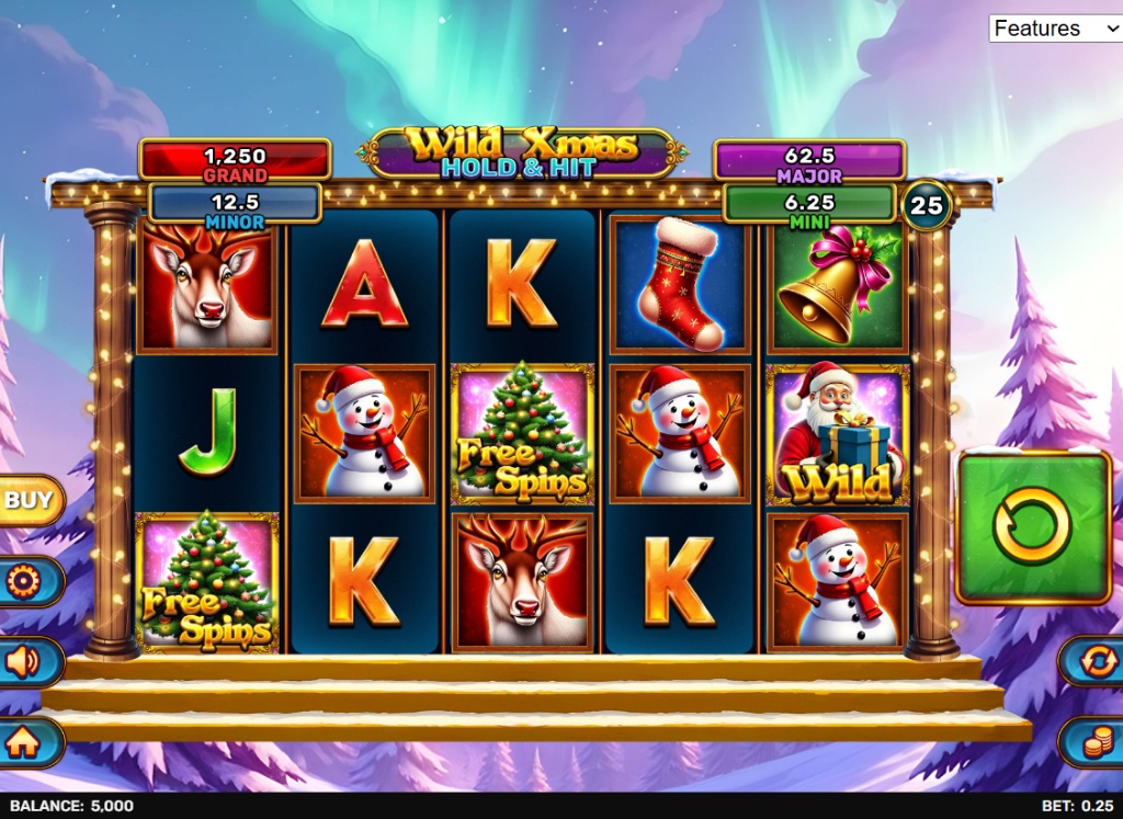 The 5x4 game grid of the Wild Xmas - Hold & Hit slot demo, showing Christmas symbols and the 25 paylines.