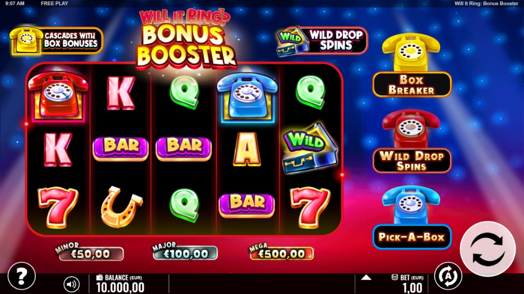 Will It Ring Bonus Booster slot base game interface featuring retro symbols like 7s and Diamonds on a 5x3 grid.