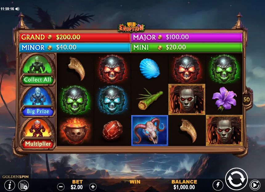 Win Eruption slot base game screen showing the 5x3 reels and special left-side enhancer reel.`