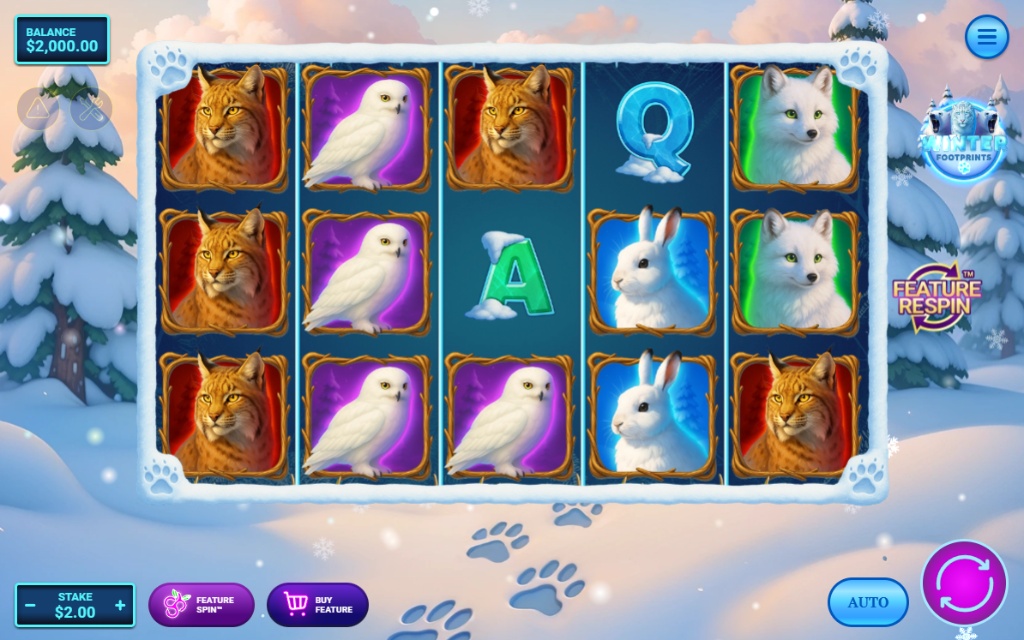 The main 5x3 game screen of the Winter Footprints slot, set against a snowy arctic background with all animal symbols visible.