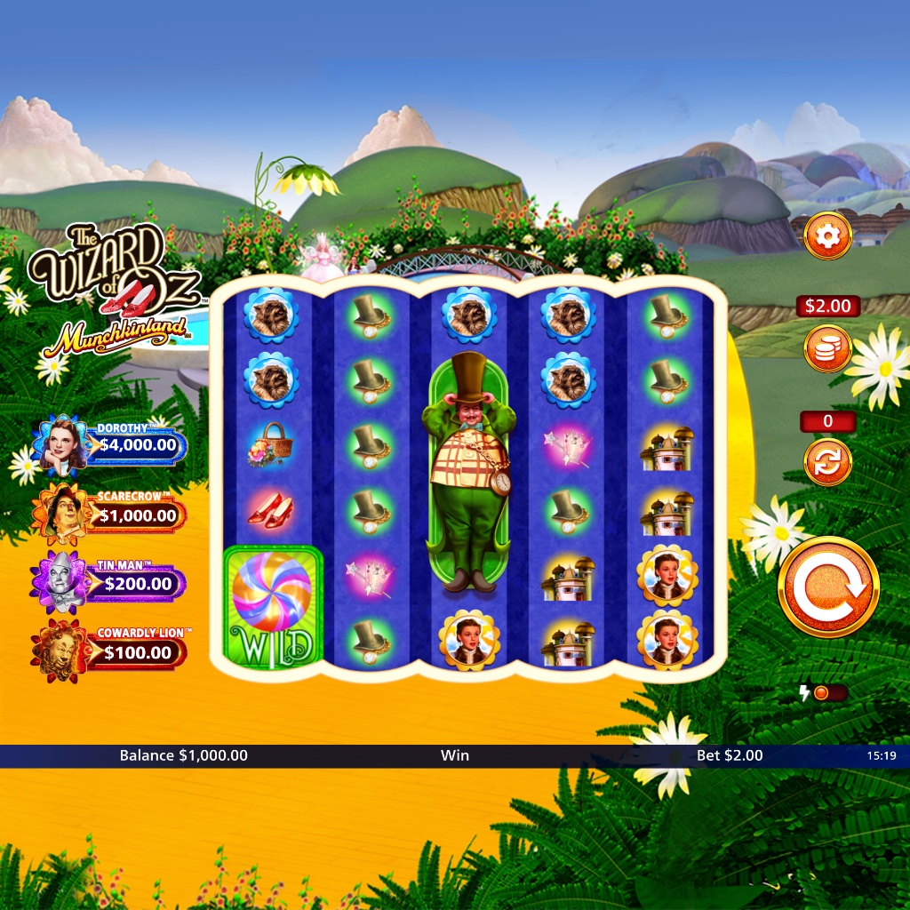 The Wizard of Oz Munchkinland slot base game featuring Dorothy and Toto on a 5x4 grid.