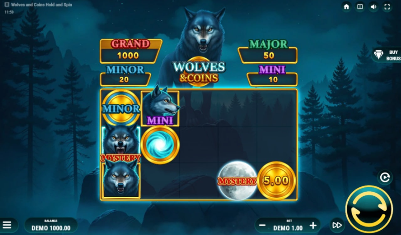 The main 5x3 reel layout of the Wolves & Coins slot, showing Wolf and Coin symbols on a dark forest background.