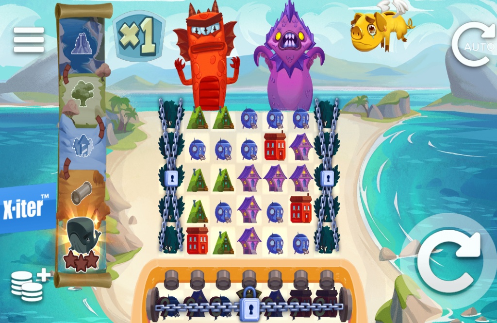 World Eaters slot base game 5x5 grid showing colorful kaiju monsters at the top and house symbols below.