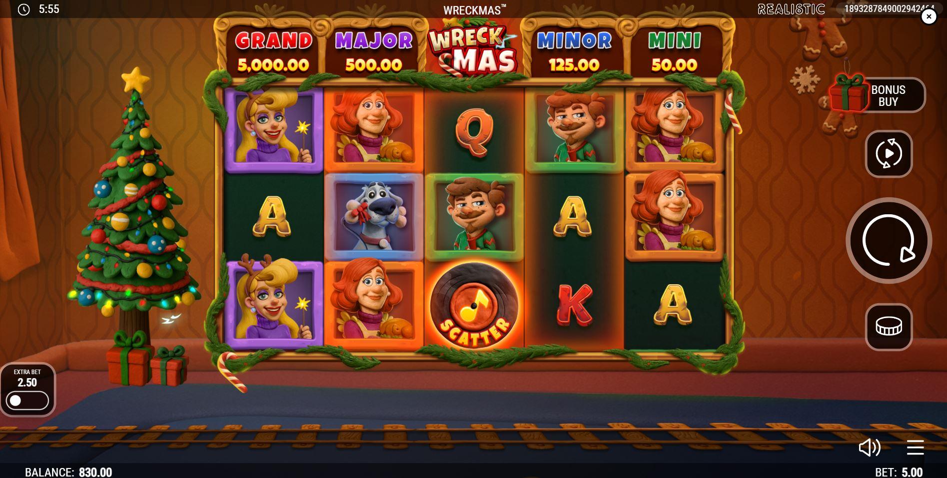 The base game grid of the Wreckmas slot, showing the claymation-style family symbols and the Christmas Tree collector.