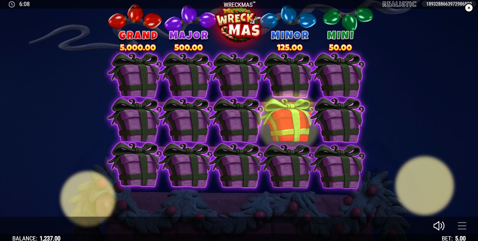  The Jackpot Blackout bonus game screen in the Wreckmas slot, presenting 15 mystery gift boxes for the player to choose from to win a jackpot.