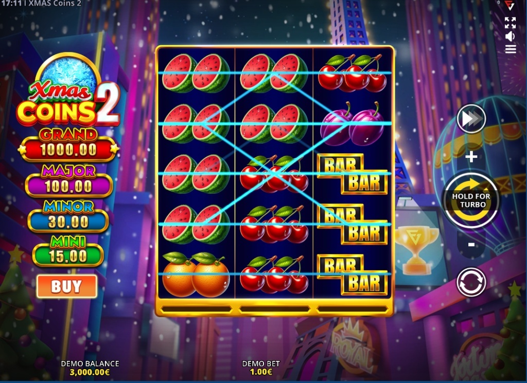 Xmas Coins 2 slot base game 3x3 grid with neon lights and snow background.