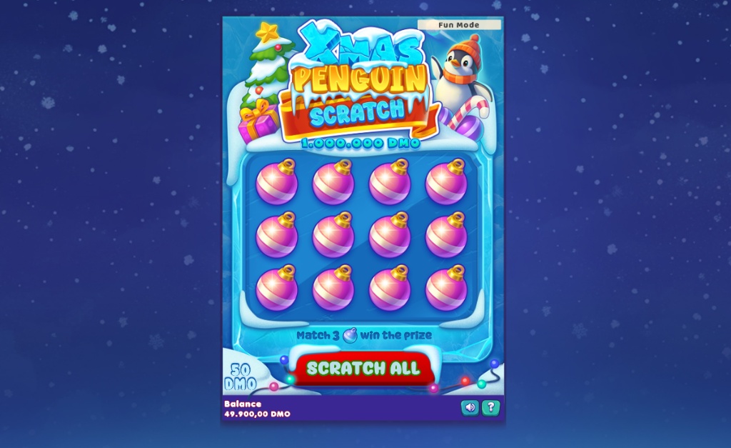 The main 4x3 grid of the Xmas Penguin Scratch demo, showing 12 ornaments ready to be scratched.