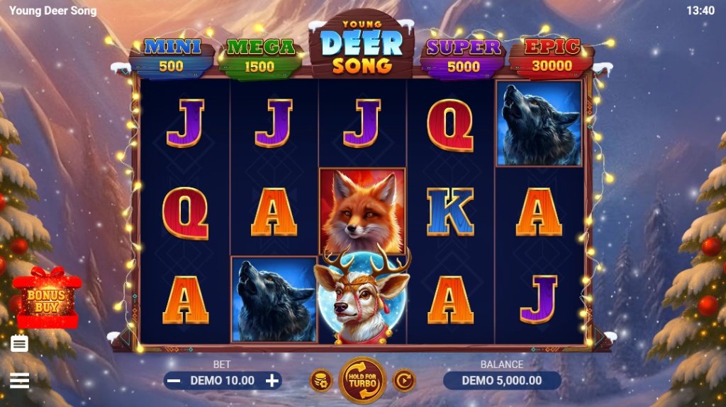 Young Deer Song slot base game view showing the 5x3 reel layout and snowy forest theme.