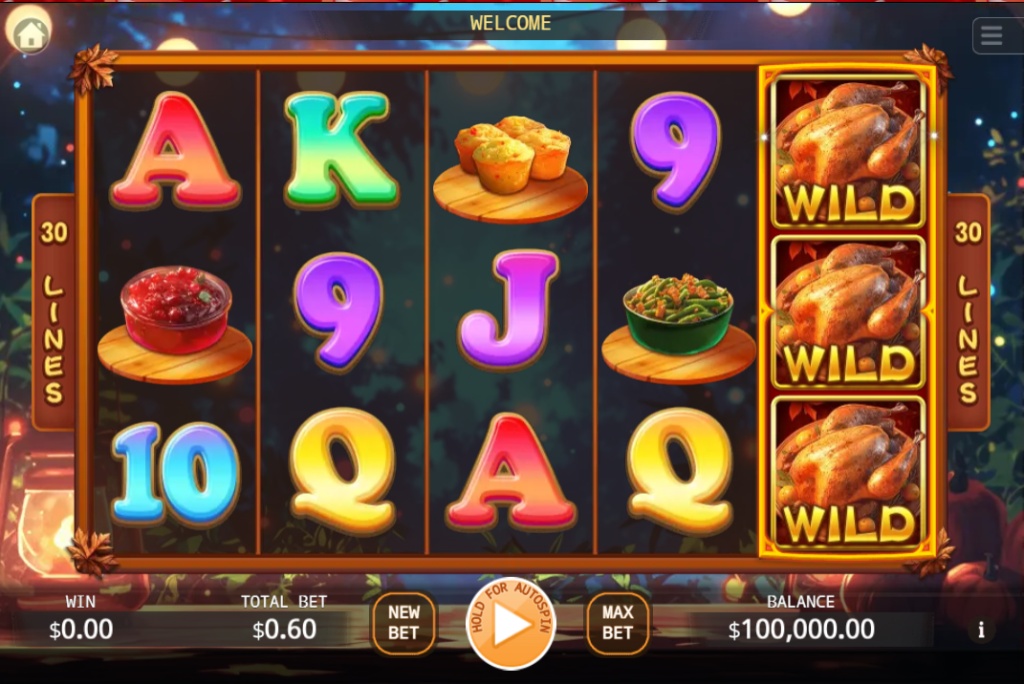 The main 5x3 reel grid of the Yummy Thanksgiving slot, showing various food and card symbols.