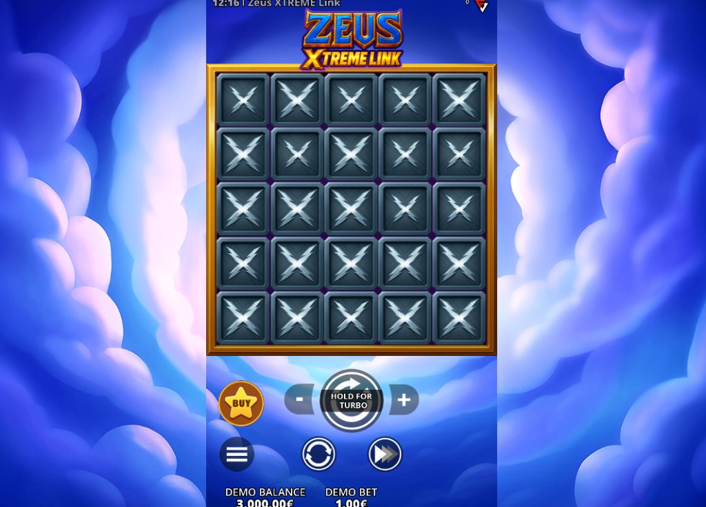 The 5x5 grid of the Zeus Xtreme Link slot, showing the base game layout against a background of clouds.