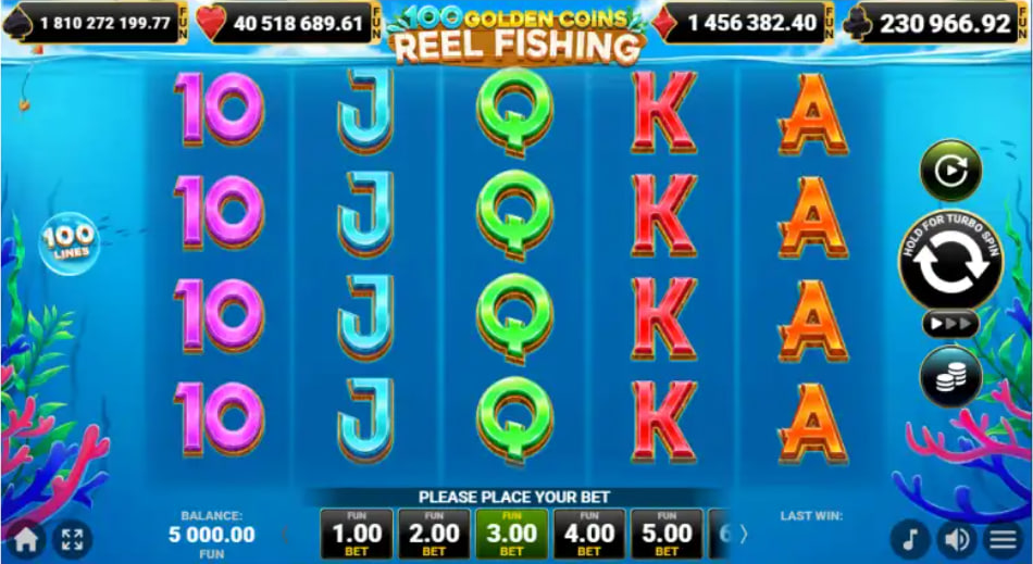 The main game screen of 100 Golden Coins: Reel Fishing slot, showing the 5x4 reel layout and aquatic theme, illustrating the standard gameplay interface.