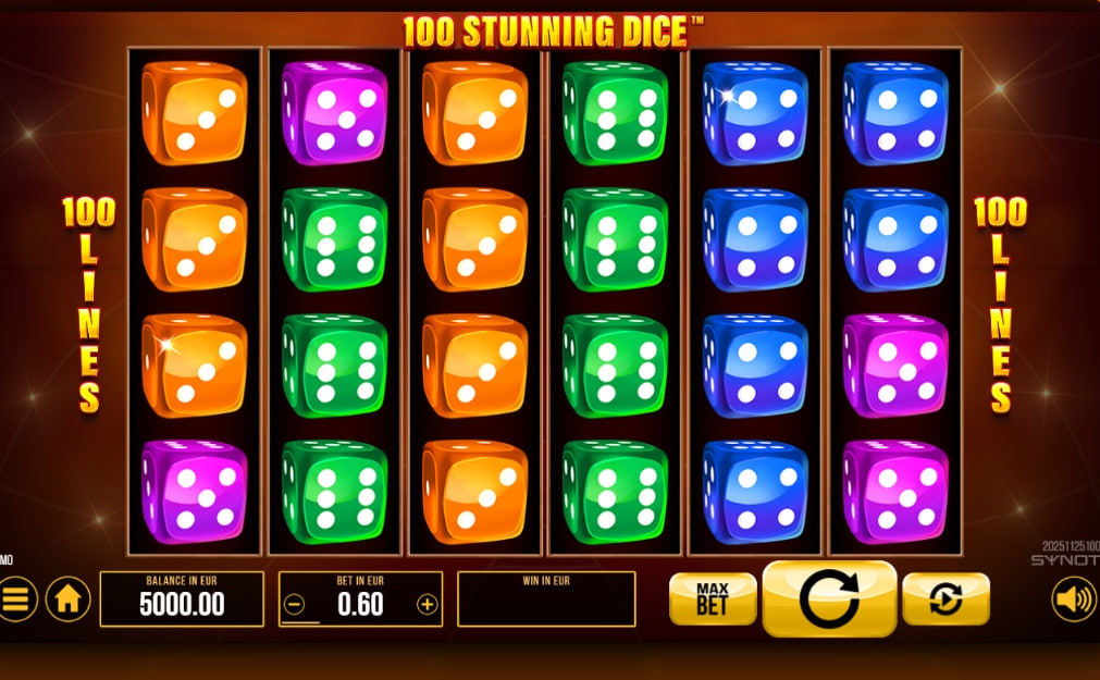 100 Stunning Dice slot main game grid showing 5 reels and 100 paylines with colorful dice symbols.