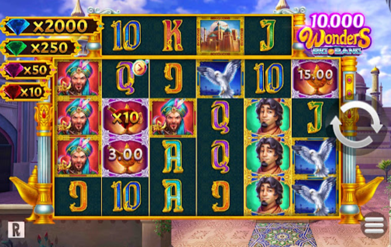 Base game grid of 10,000 Wonders Big Bang slot showing 6 reels, the top tracker reel, and the 10K Ways logo.