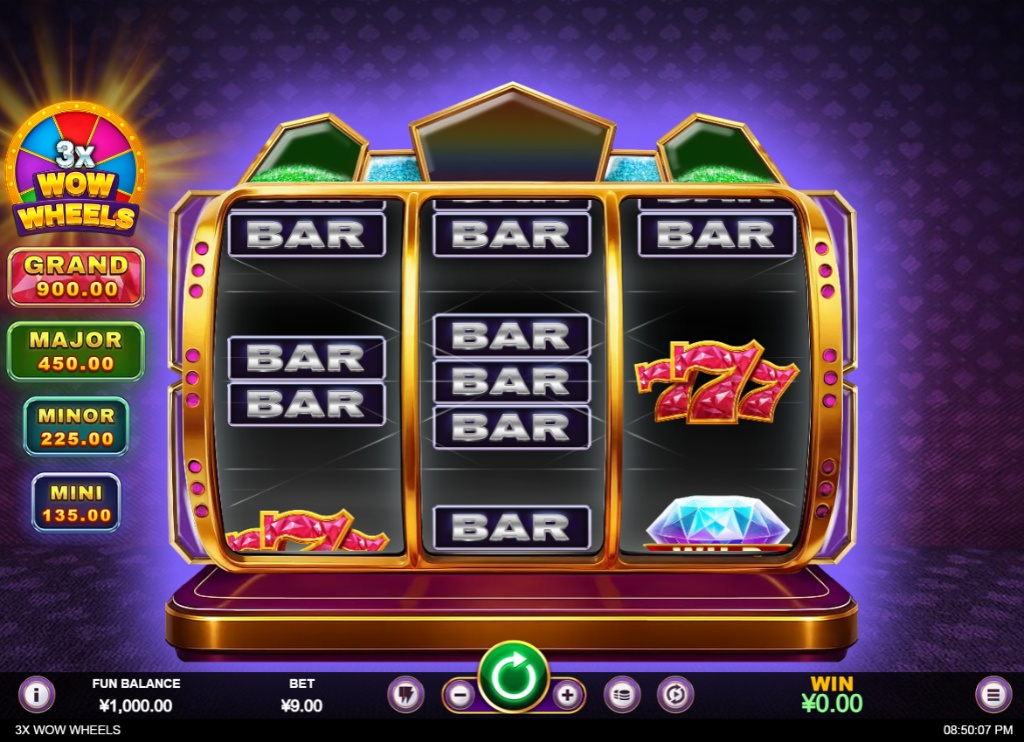 3x Wow Wheels slot base game interface showing 3 reels and jackpot meters.