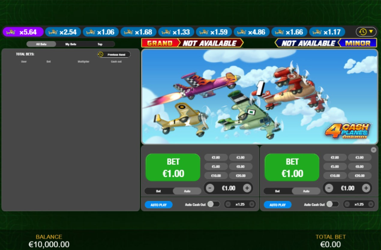 4 Cash Planes Multiplayer interface showing the runway and betting panel with clouds background.