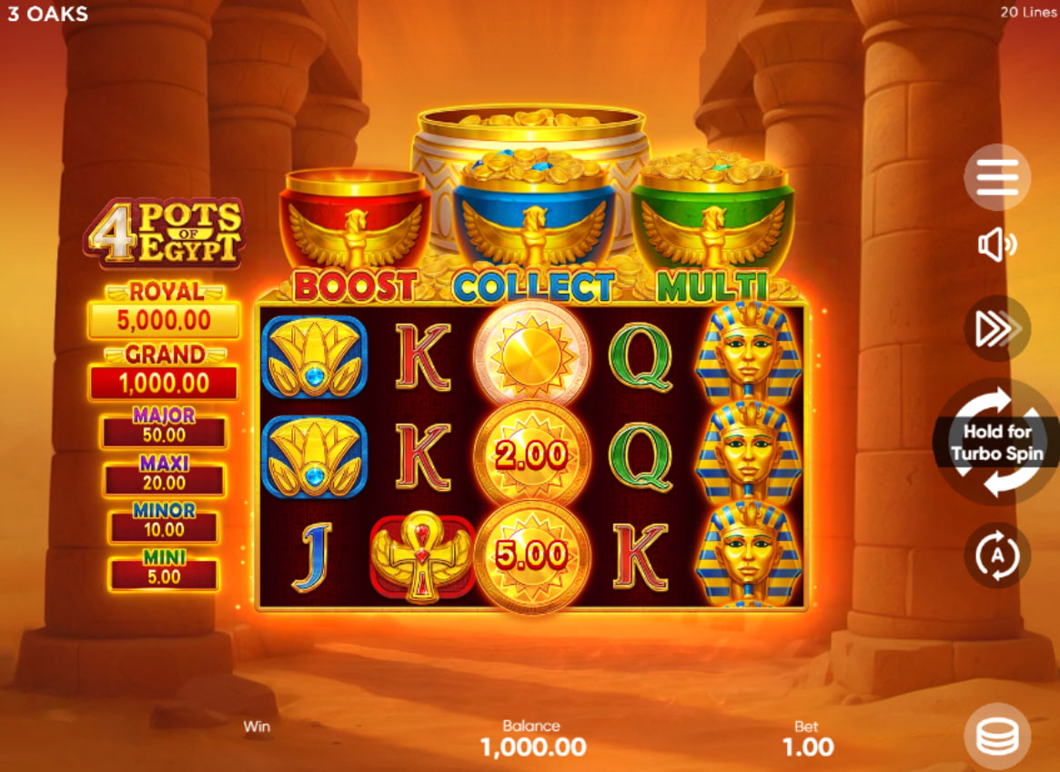 Base Game: Main interface of 4 Pots of Egypt slot showing the 5x3 grid and the four colored collection pots (Red, Blue, Green, White) at the top.