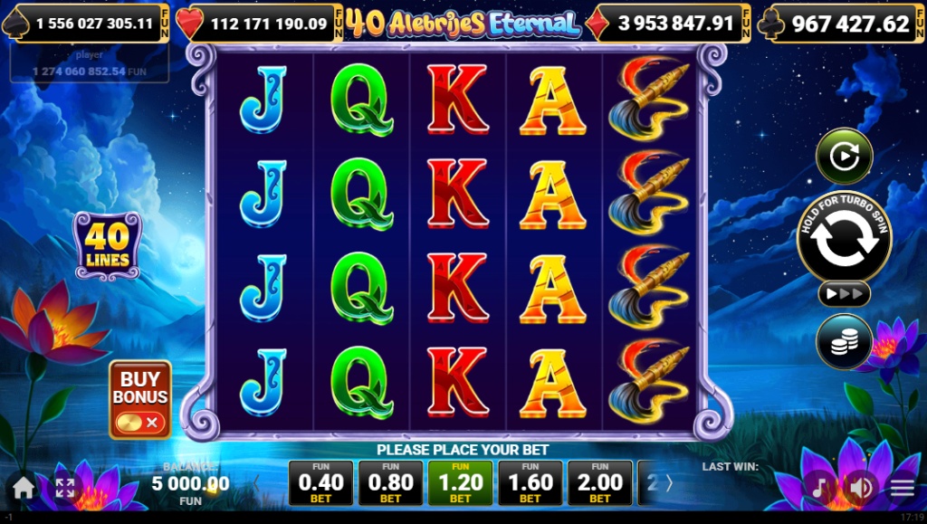 40 Alebrijes Eternal slot base game interface showing 5x4 grid and Mexican fantasy symbols.
