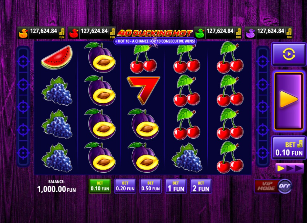 40 Ducking Hot slot base game screen showing 5x4 grid and neon fruit symbols