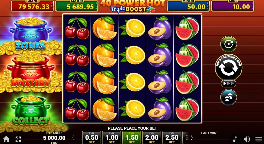 40 Power Hot Triple Boost main 5x4 grid with fruit symbols and three colored pots representing the Triple Boost features.