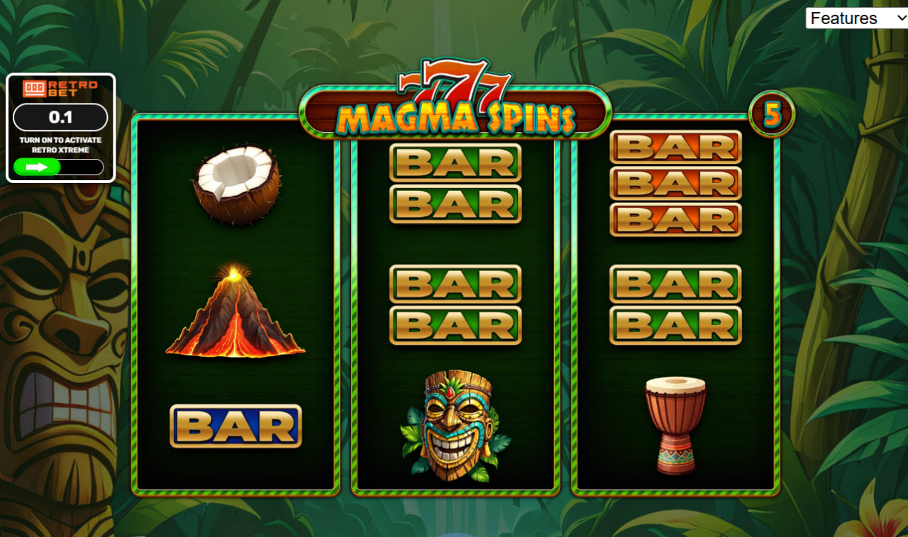 Main interface of 777 Magma Spins slot by Retro Gaming showing a 3x3 grid with tiki mask and coconut symbols on a tropical background.