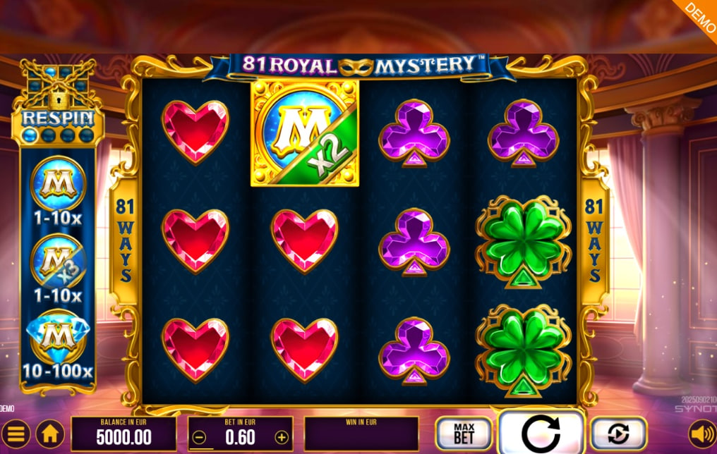81 Royal Mystery slot base game 4x3 grid with royal symbols on blue background.