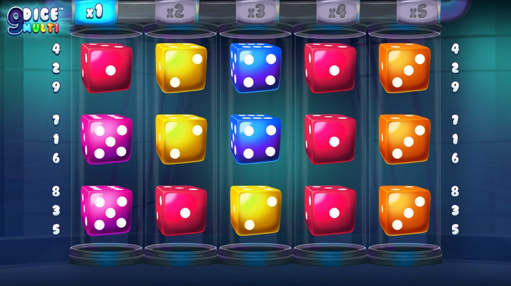 5x3 reel grid of 9 Dice Multi slot by SYNOT showing colorful dice symbols and the multiplier bar at the top.