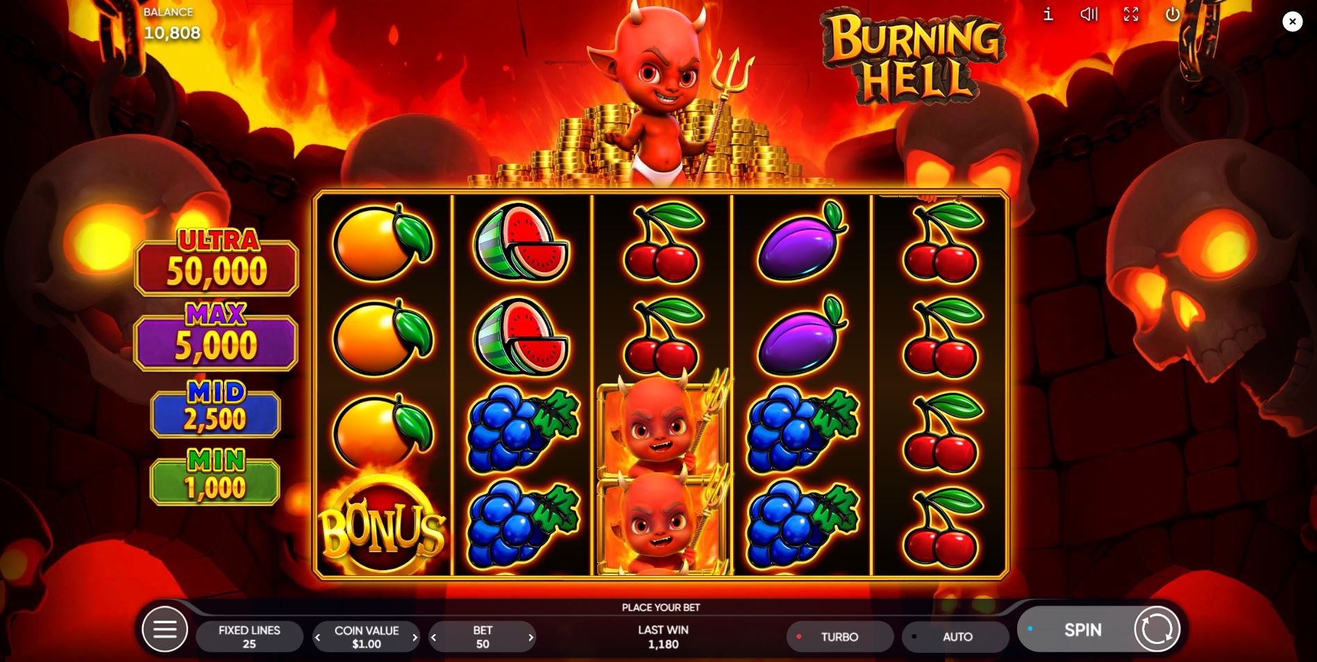 The base game grid of the Burning Hell slot, showing fruit symbols and the cartoon devil character overlooking the reels.