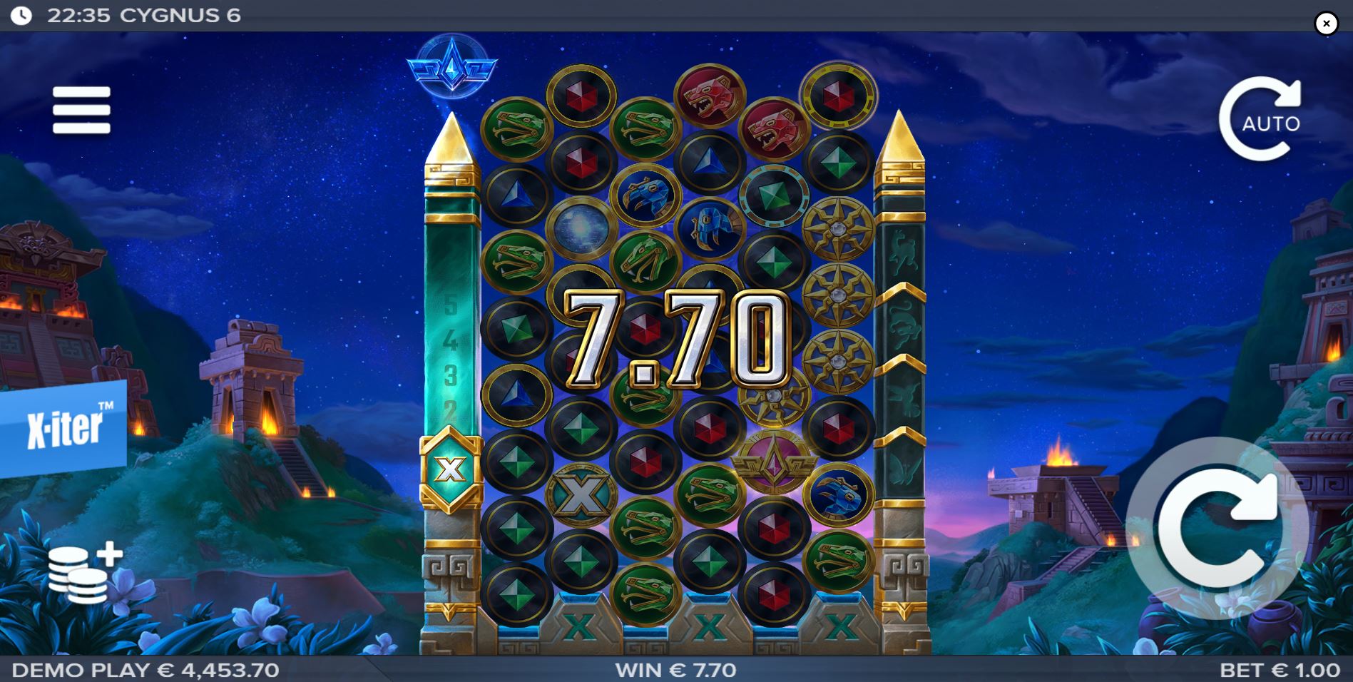 The base game grid of the Cygnus 6 slot, showing the 6x4 layout with celestial symbols against the Machu Picchu backdrop.